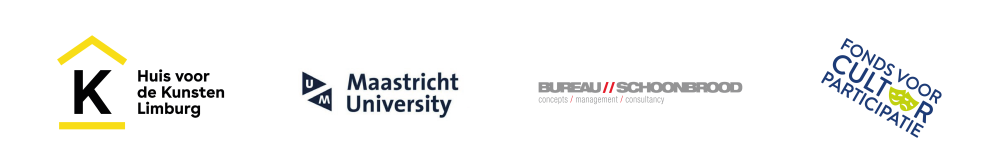 Logo's van Huis voor de Kunsten Limburg, Maastricht University, Fonds voor Cultuur Participatie en Bureau Schoonbrood